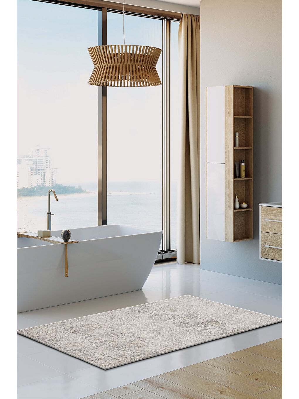 Bej Dekoratif Özel Tasarım Yıkanabilir İnce Kaymaz Tabanlı Modern Halı KECE FR16-3