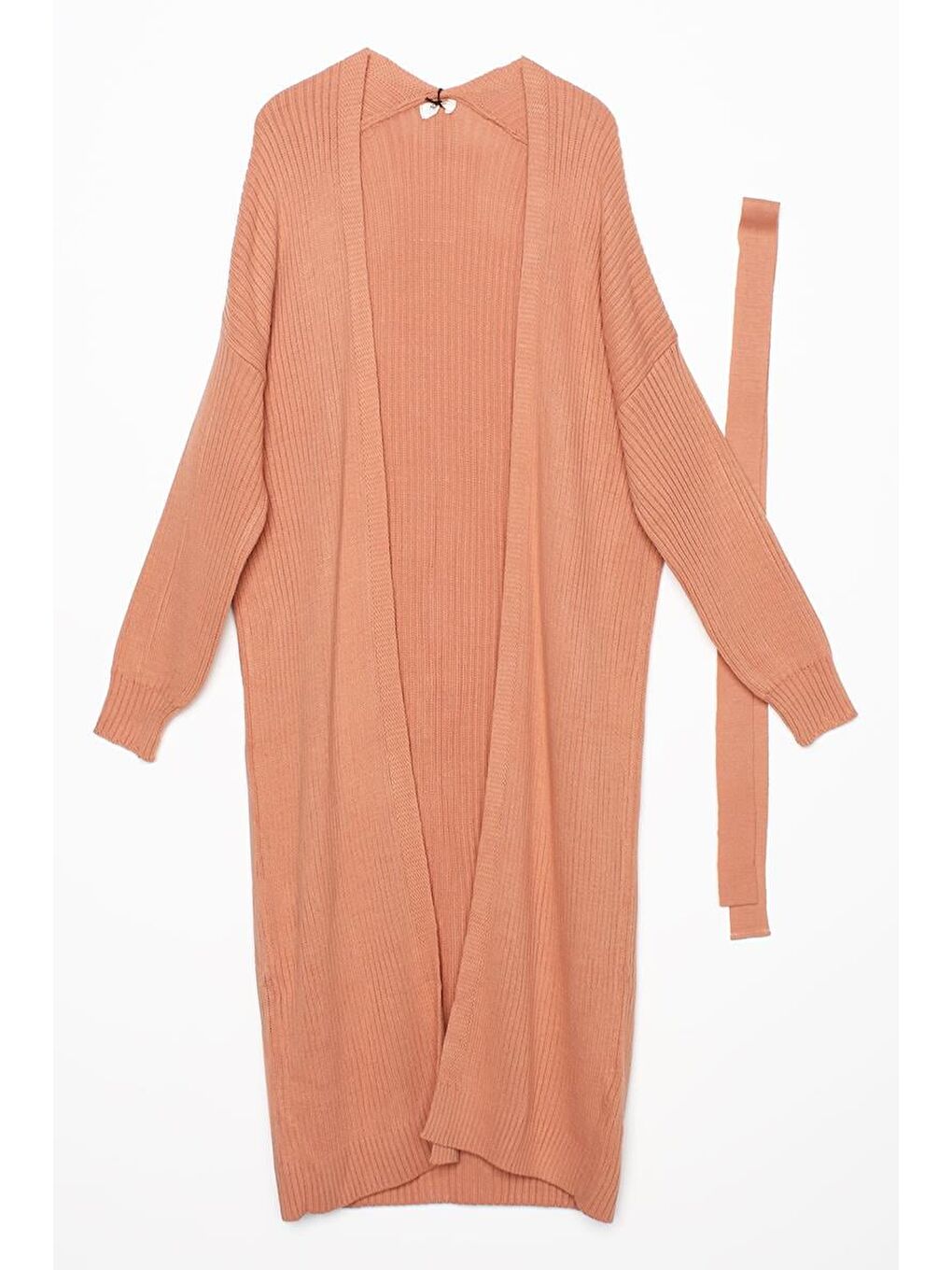 Soft Turuncu-Fitilli Kuşaklı Uzun Triko Hırka-6