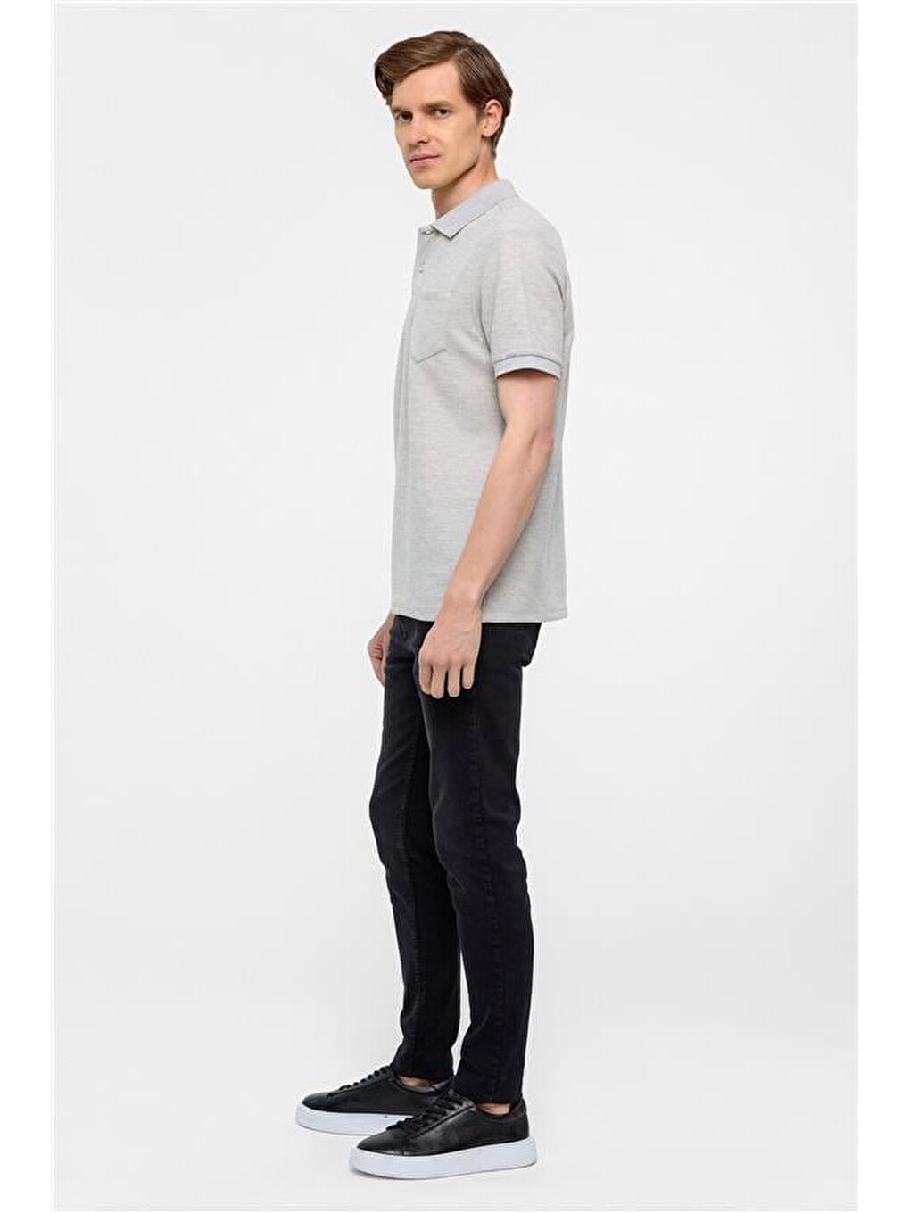 Gri Regular Armürlü Polo Yaka Tişört-5