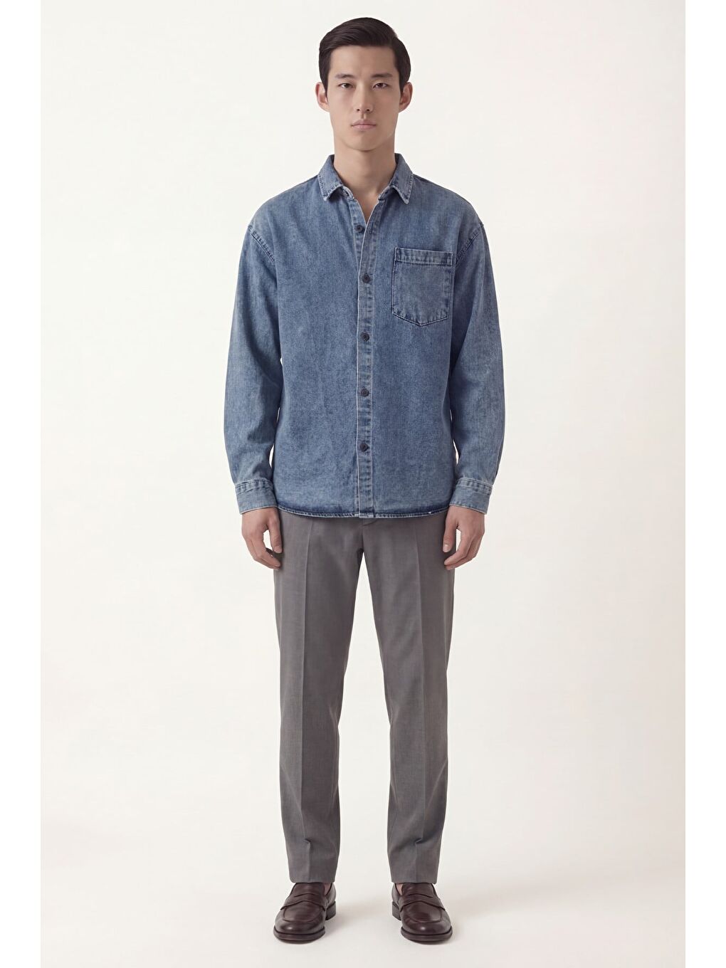 Erkek Mavi Normal Kesim Regular Fit Pamuk Torba Cep Uzun Kollu Denim Ceket Gömlek-2