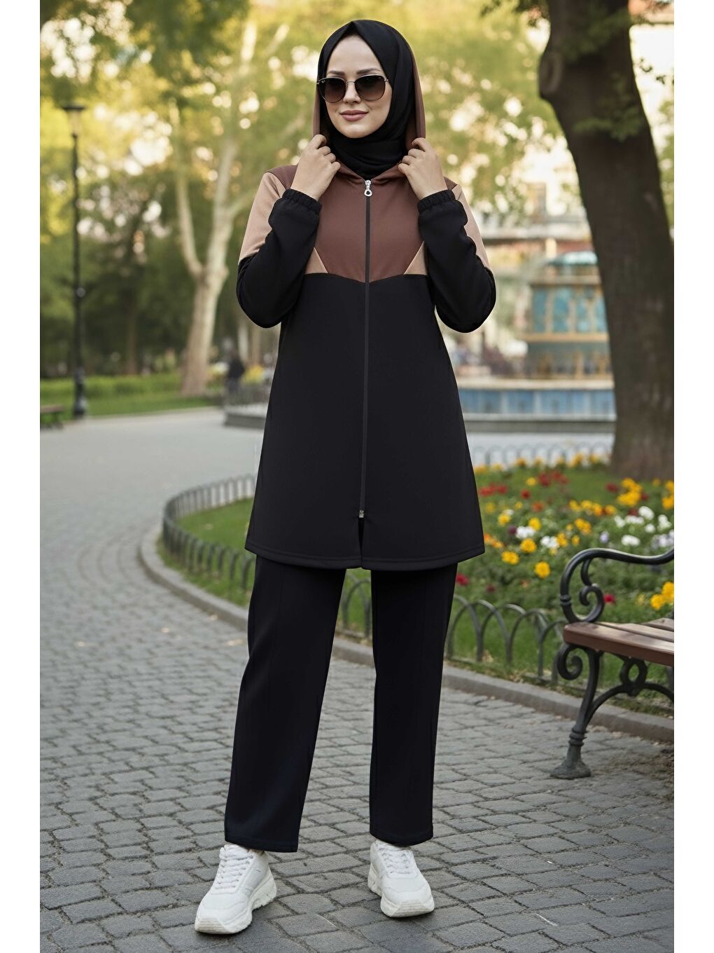 Kahverengi Garnili Fermuarlı İki İplik Tunik Pantolon Kahve - 13107-KAHVE