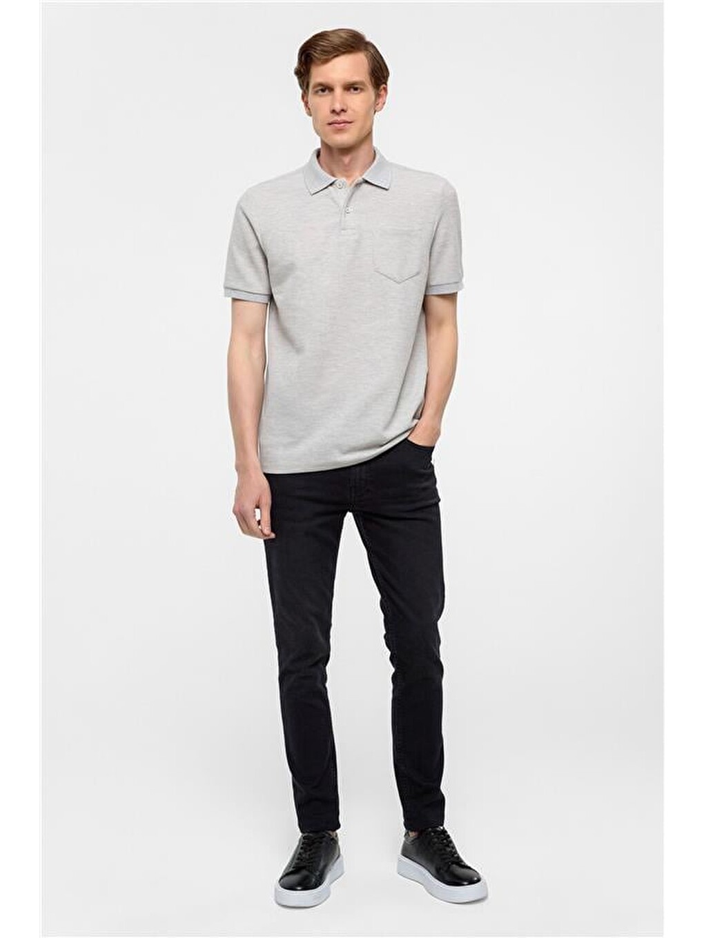 Gri Regular Armürlü Polo Yaka Tişört-7