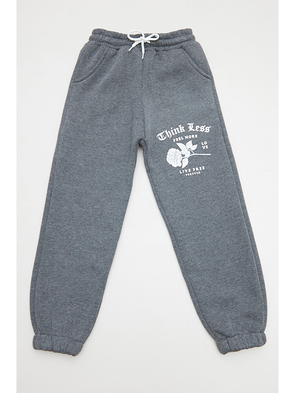 Antrasit Gül Ve Yazı Baskılı Beli Lastikli Kız Çocuk Eşofman Altı