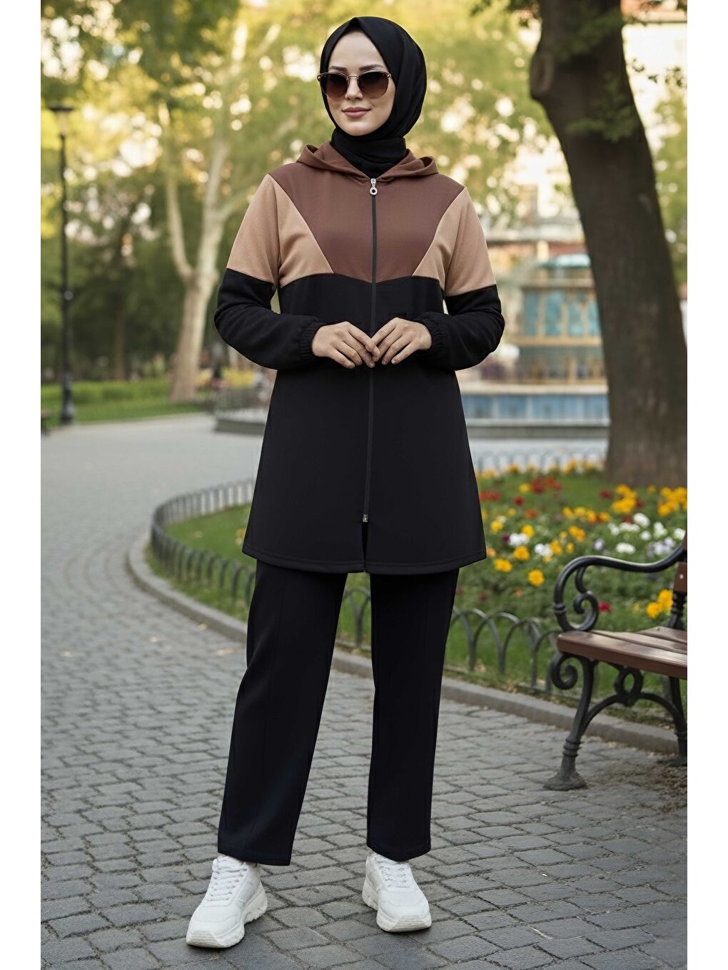 Kahverengi Garnili Fermuarlı İki İplik Tunik Pantolon Kahve - 13107-KAHVE-1