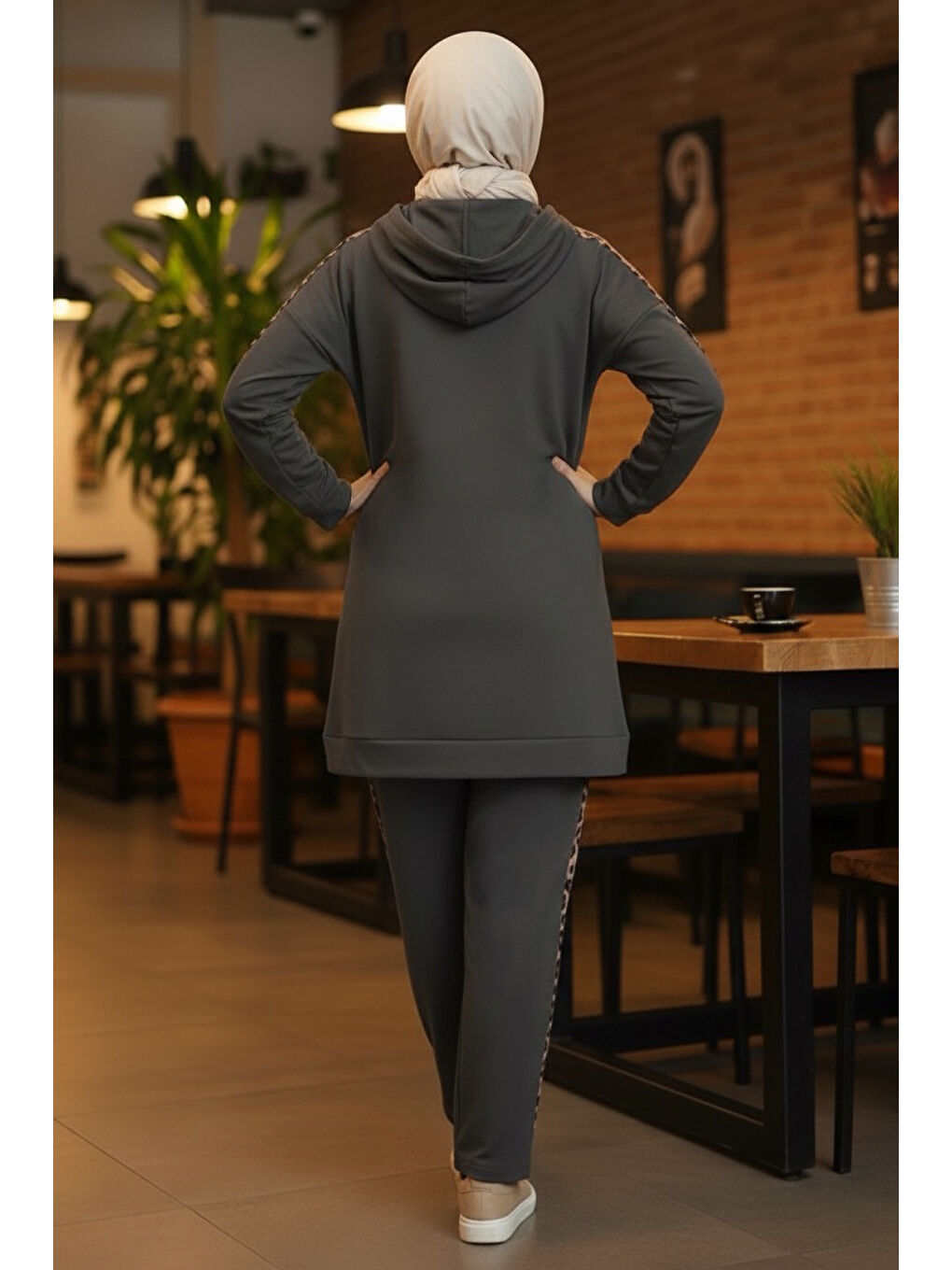 Gri Leopar Şerit Detaylı İki İplik İkili Takım Füme - 2051-FUME-2