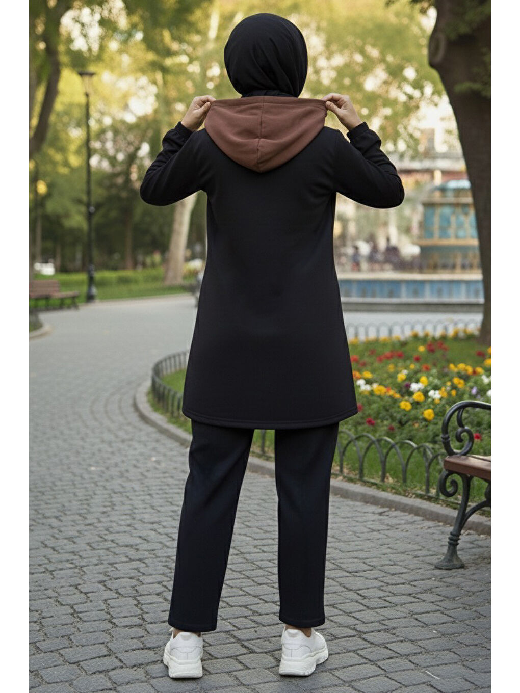 Kahverengi Garnili Fermuarlı İki İplik Tunik Pantolon Kahve - 13107-KAHVE-2