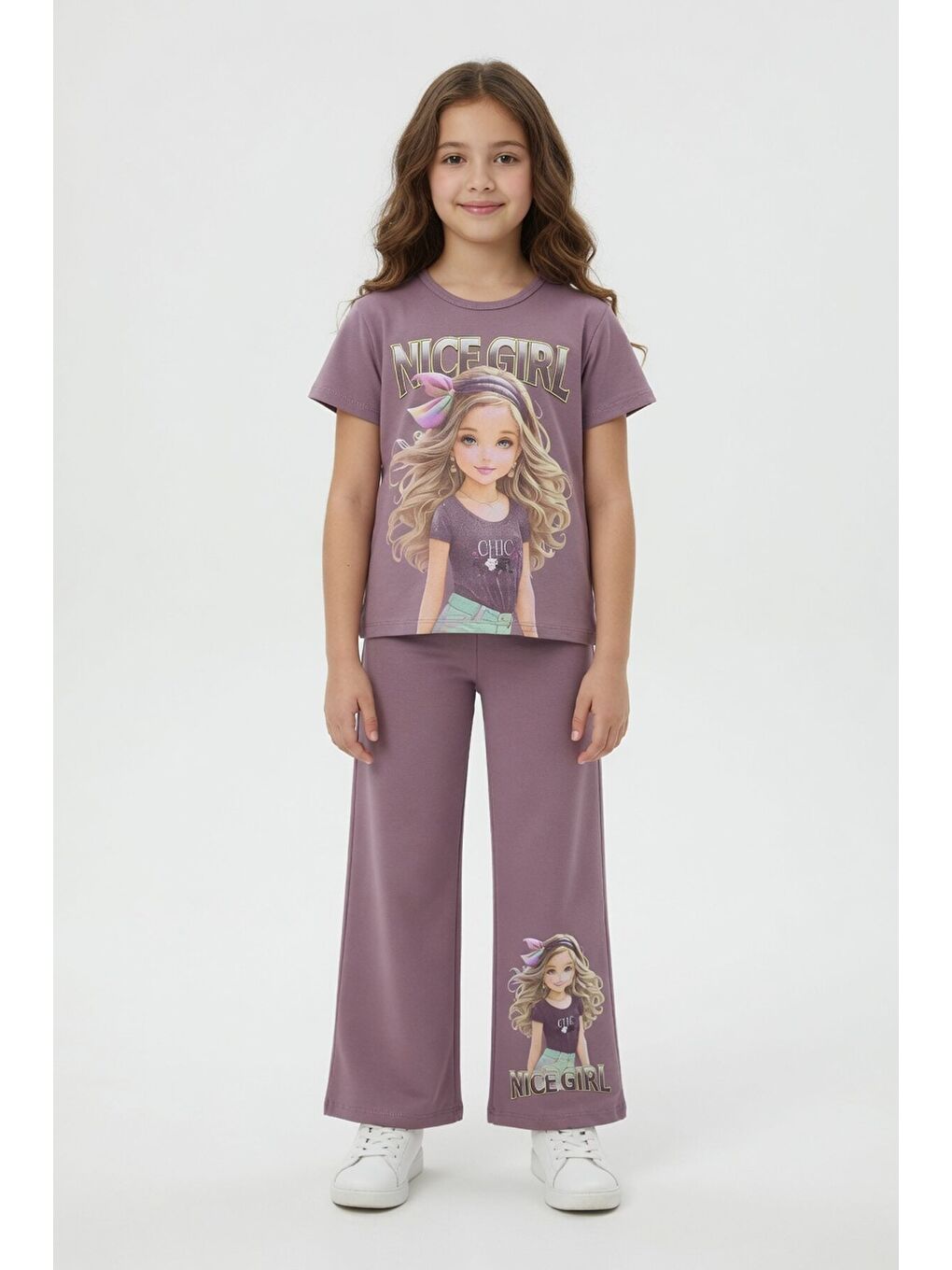 Pembe Gül Kurusu Kız Karakter Baskılı Geniş Paça Pantolonlu 2li Kız Çocuk Takım 23804