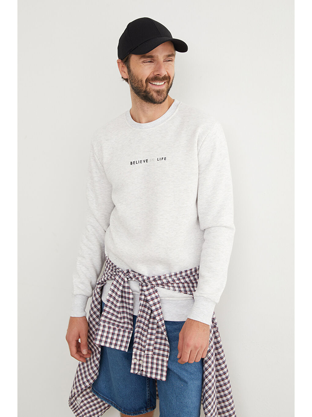 Gri 3 İplik Believe In Life Kabartma Baskılı Büyük Beden Sweatshirt