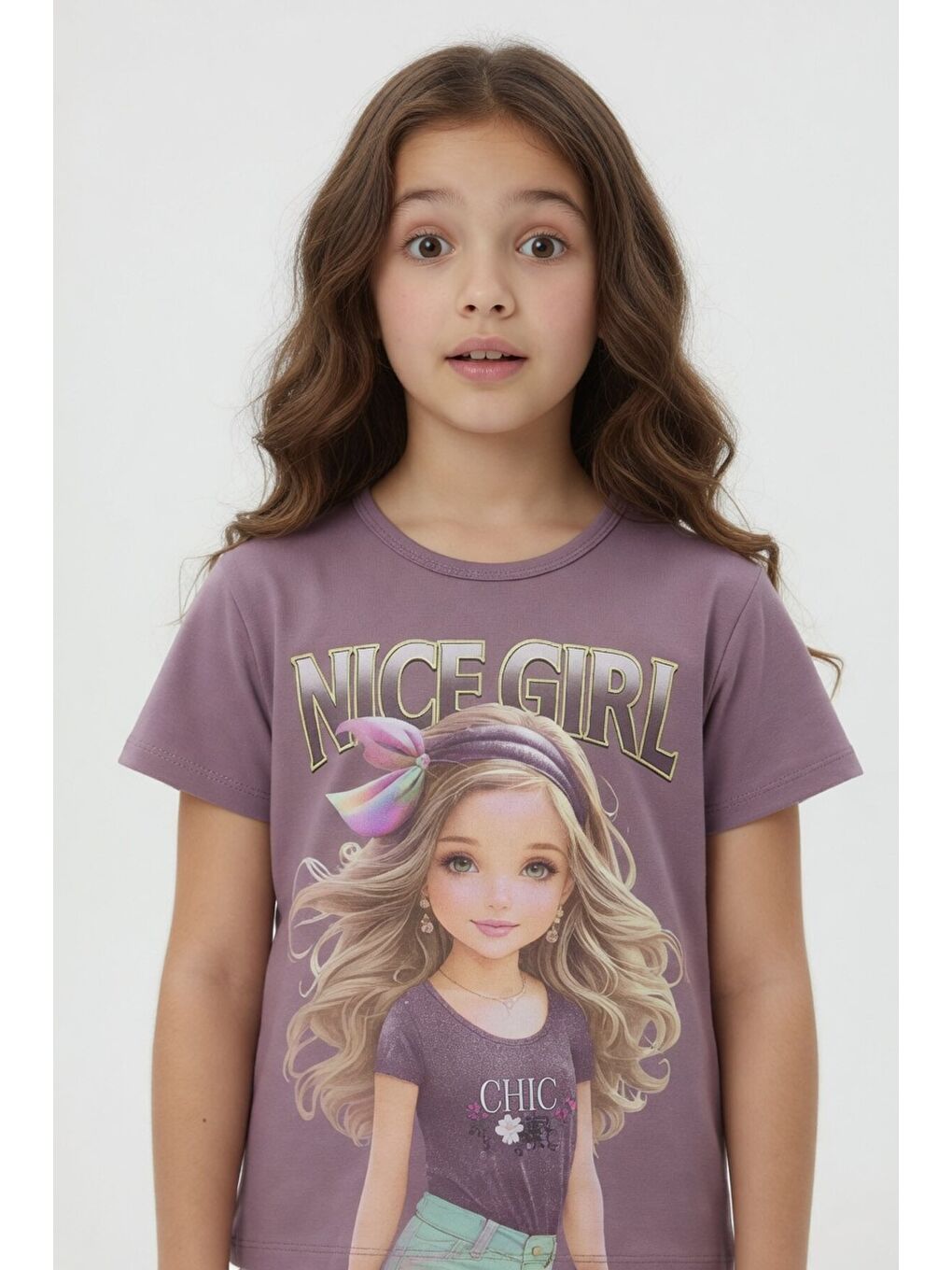 Pembe Gül Kurusu Kız Karakter Baskılı Geniş Paça Pantolonlu 2li Kız Çocuk Takım 23804-3