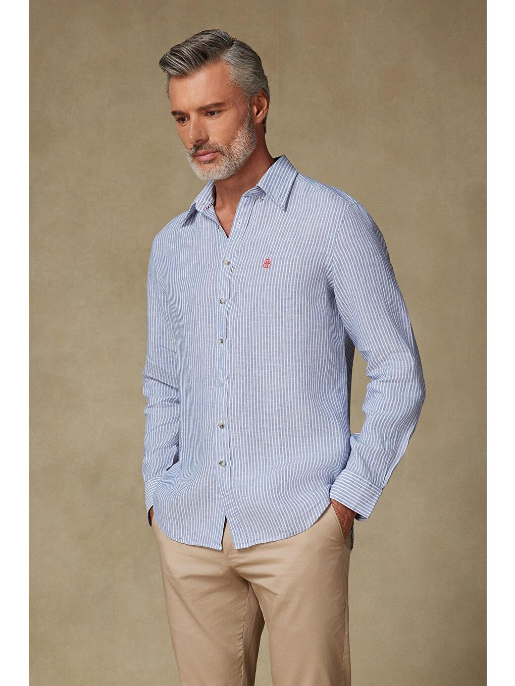 Sorento Keten Keten Comfort Fit Koyu Mavi Düğmeli Yaka Erkek Çizgili Gömlek