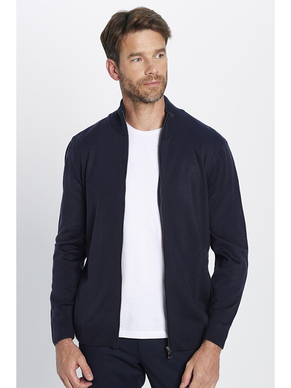 Erkek Slim Fit Dar Kesim Lacivert Dik Yaka Fermuarlı Düz Hırka-1