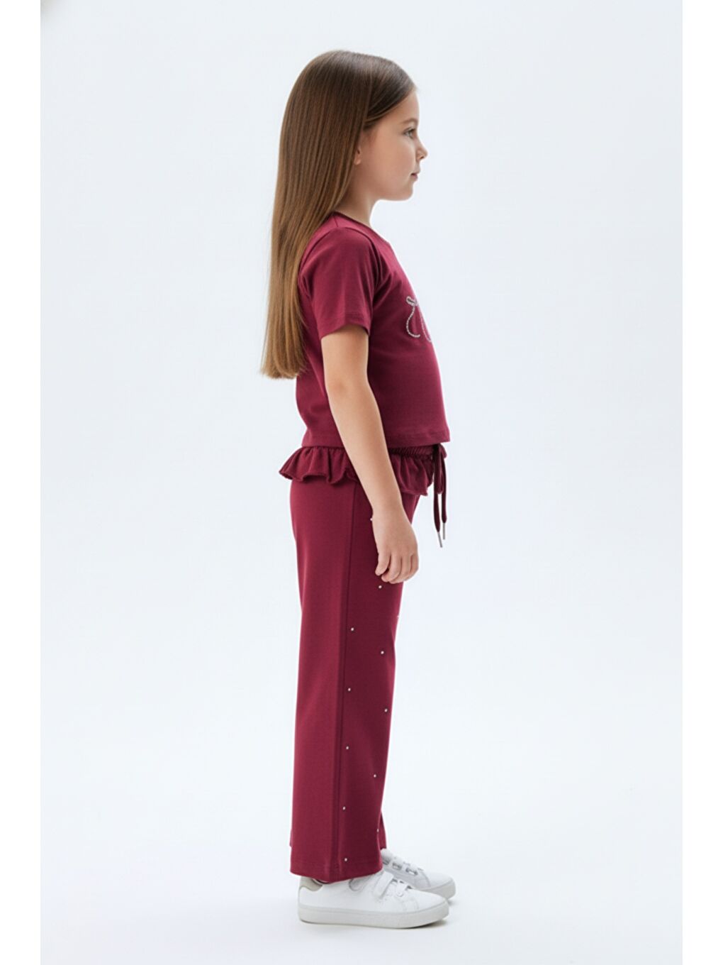 Bordo Kız Çocuk 2'li Takım Taş İşlemi Bisiklet Yaka Kısa Kollu Tişört & Taş İşlemeli Beli Lastikli Bol Pa-2