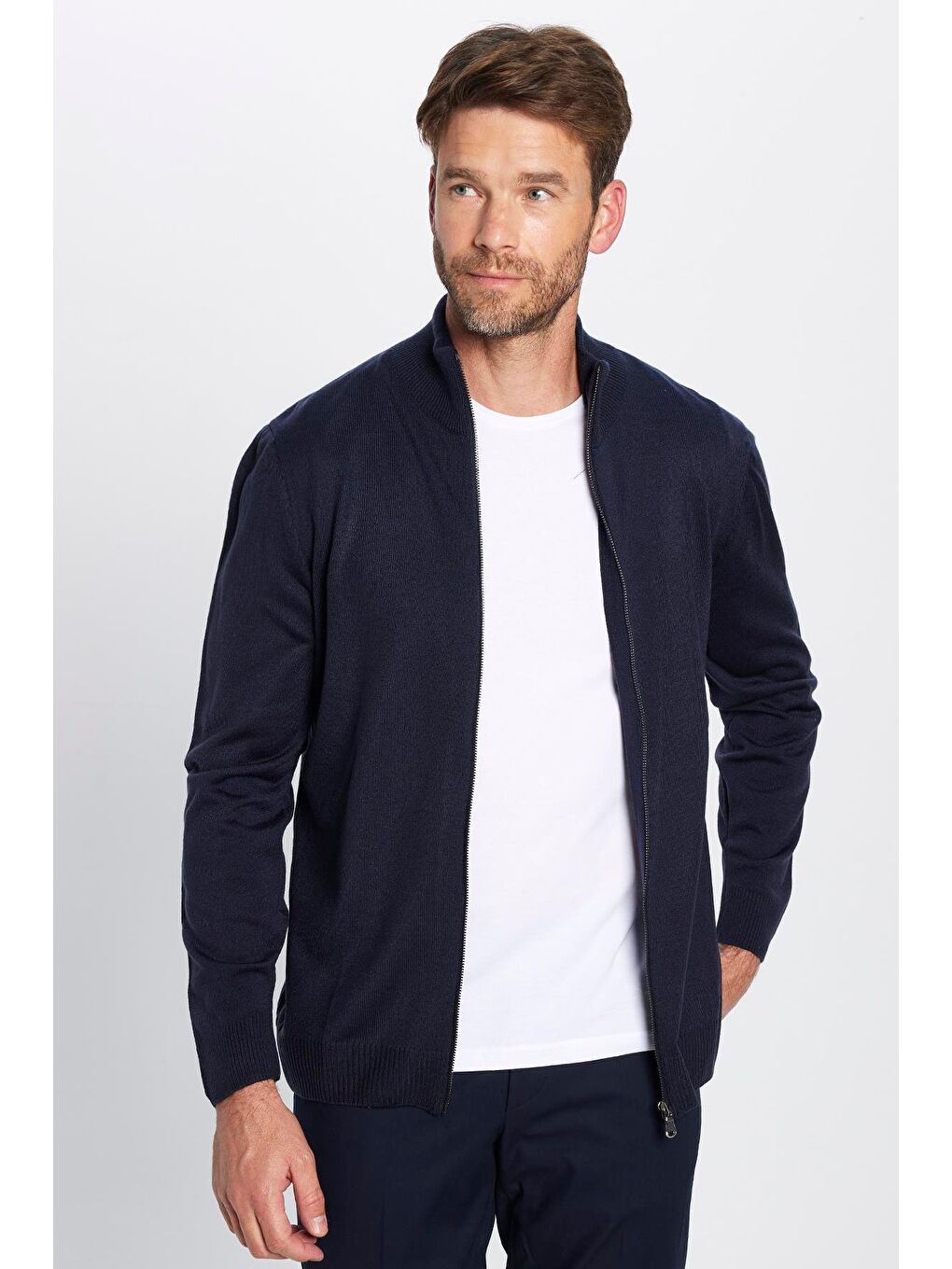 Erkek Slim Fit Dar Kesim Lacivert Dik Yaka Fermuarlı Düz Hırka-2