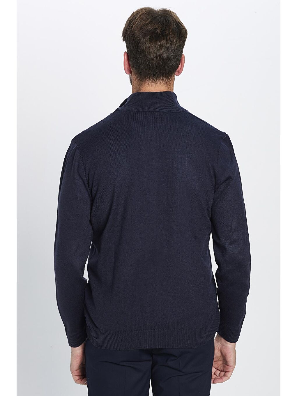 Erkek Slim Fit Dar Kesim Lacivert Dik Yaka Fermuarlı Düz Hırka-4