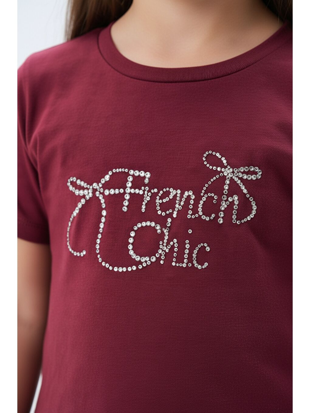 Bordo Kız Çocuk 2'li Takım Taş İşlemi Bisiklet Yaka Kısa Kollu Tişört & Taş İşlemeli Beli Lastikli Bol Pa-4