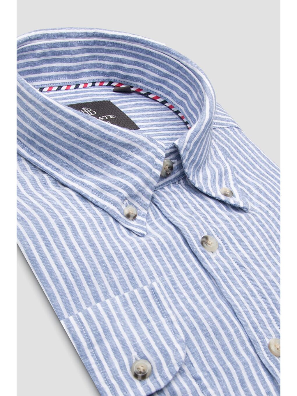 Sorento Keten Keten Comfort Fit Koyu Mavi Düğmeli Yaka Erkek Çizgili Gömlek-1