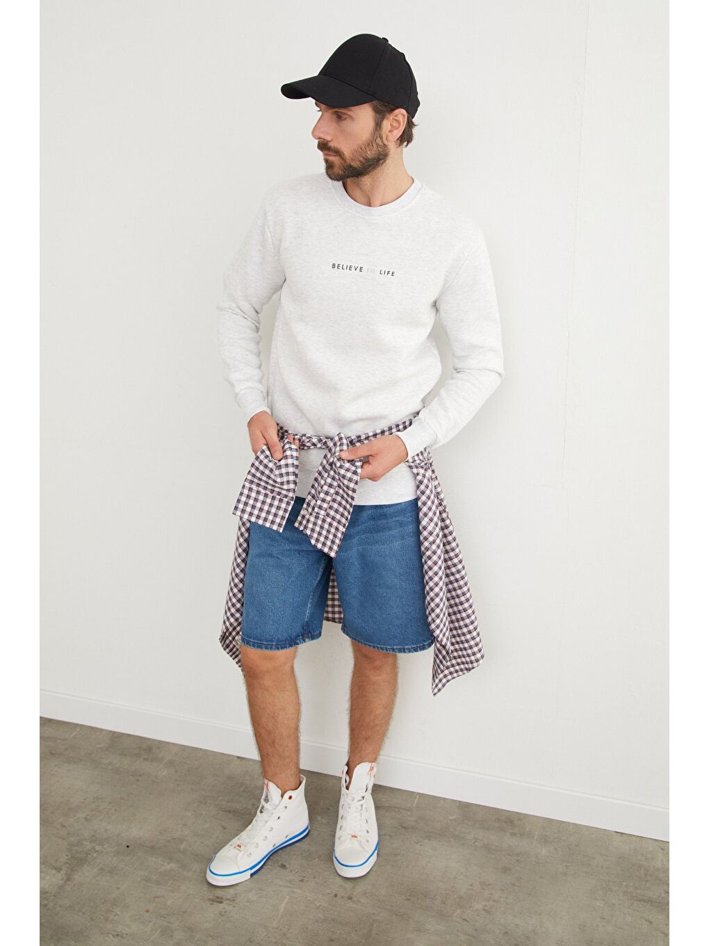 Gri 3 İplik Believe In Life Kabartma Baskılı Büyük Beden Sweatshirt-1