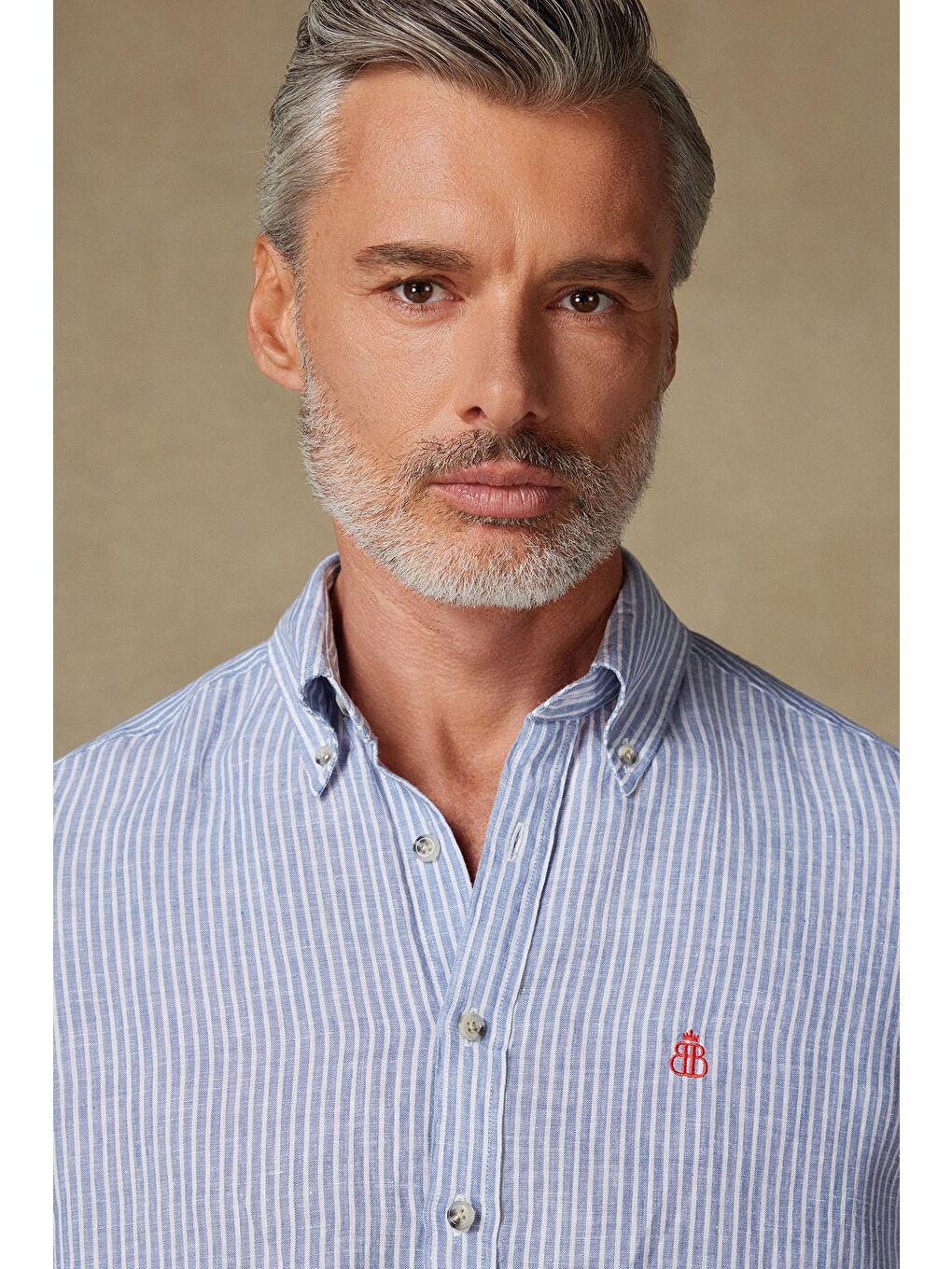 Sorento Keten Keten Comfort Fit Koyu Mavi Düğmeli Yaka Erkek Çizgili Gömlek-2