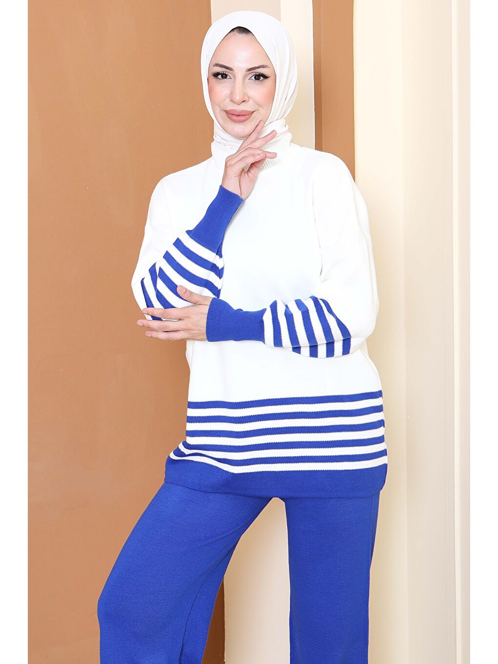 Mavi Çizgili Triko İkili Takım Saks - 27806-SAKS