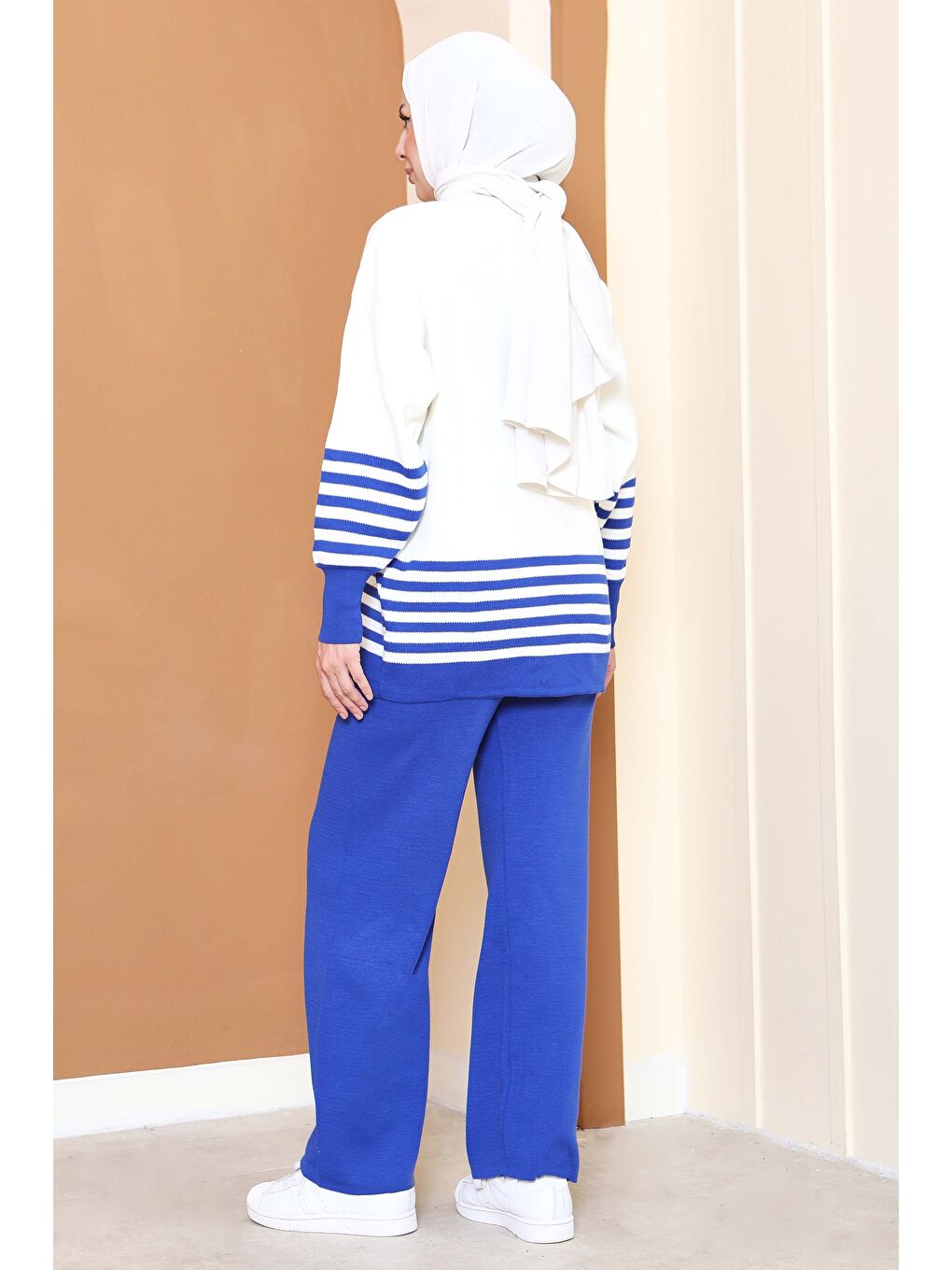 Mavi Çizgili Triko İkili Takım Saks - 27806-SAKS-1