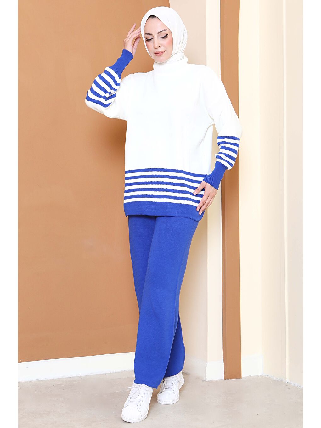 Mavi Çizgili Triko İkili Takım Saks - 27806-SAKS-2
