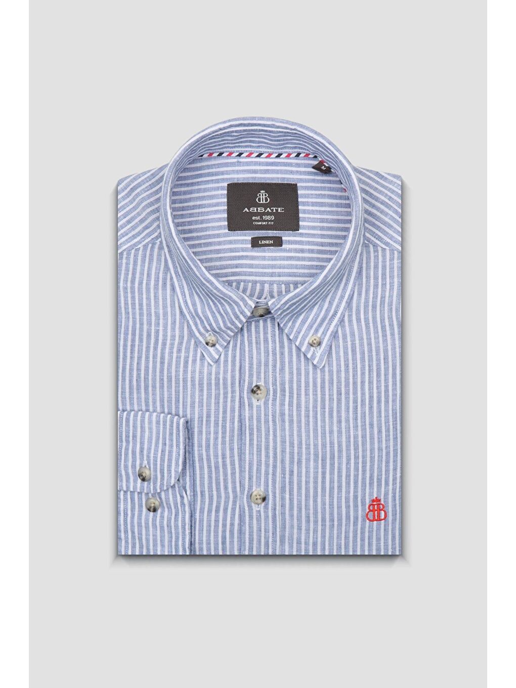 Sorento Keten Keten Comfort Fit Koyu Mavi Düğmeli Yaka Erkek Çizgili Gömlek-3