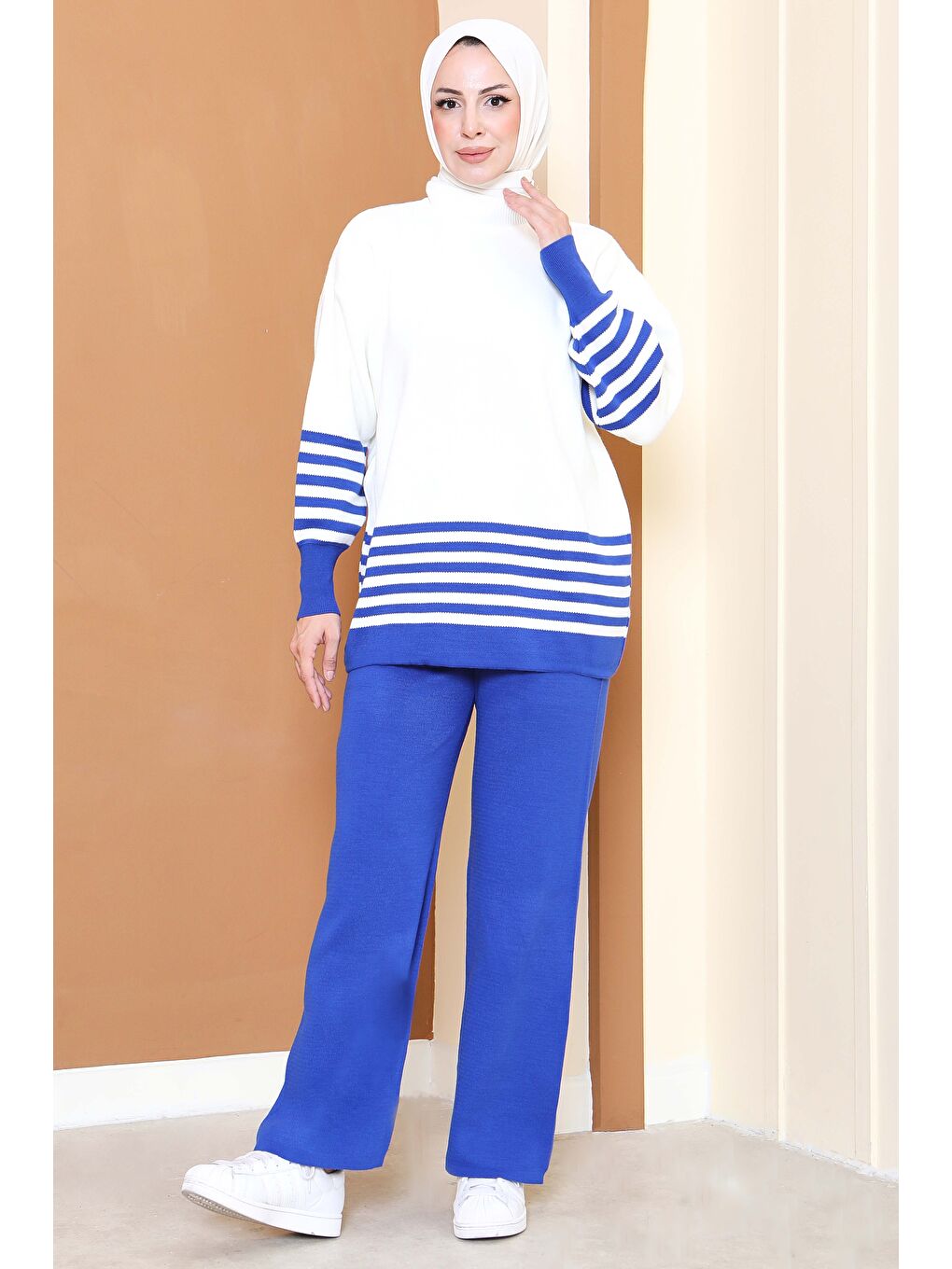 Mavi Çizgili Triko İkili Takım Saks - 27806-SAKS-3
