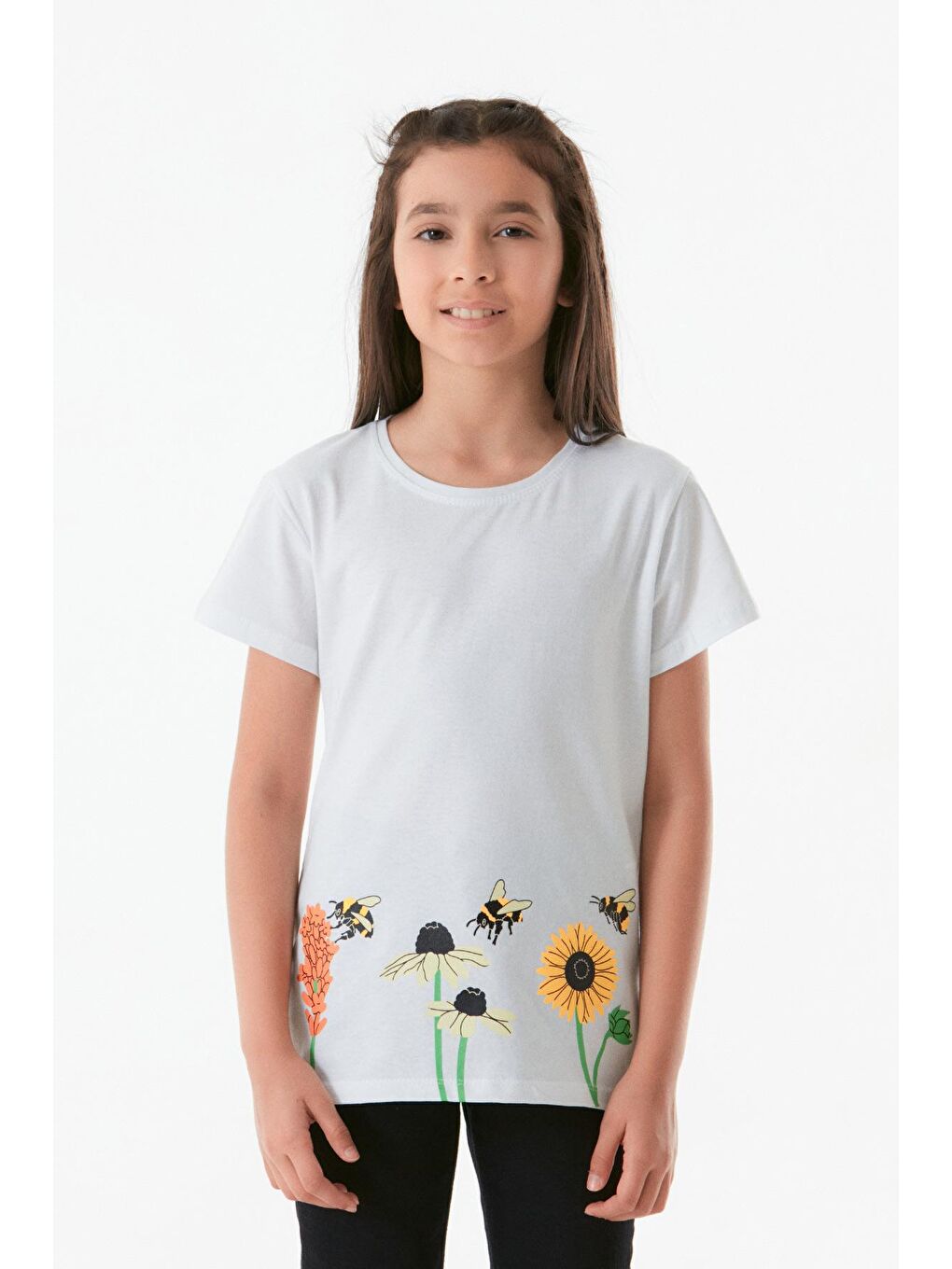 Beyaz Önü Ve Arkası Baskılı Bisiklet Yaka Kız Çocuk Tişört