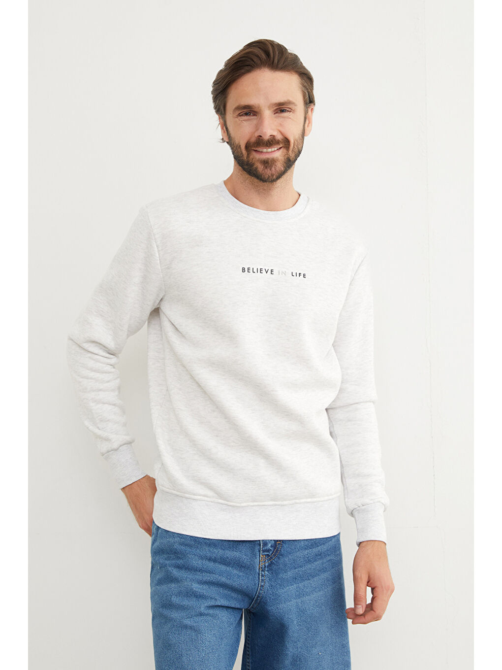 Gri 3 İplik Believe In Life Kabartma Baskılı Büyük Beden Sweatshirt-2