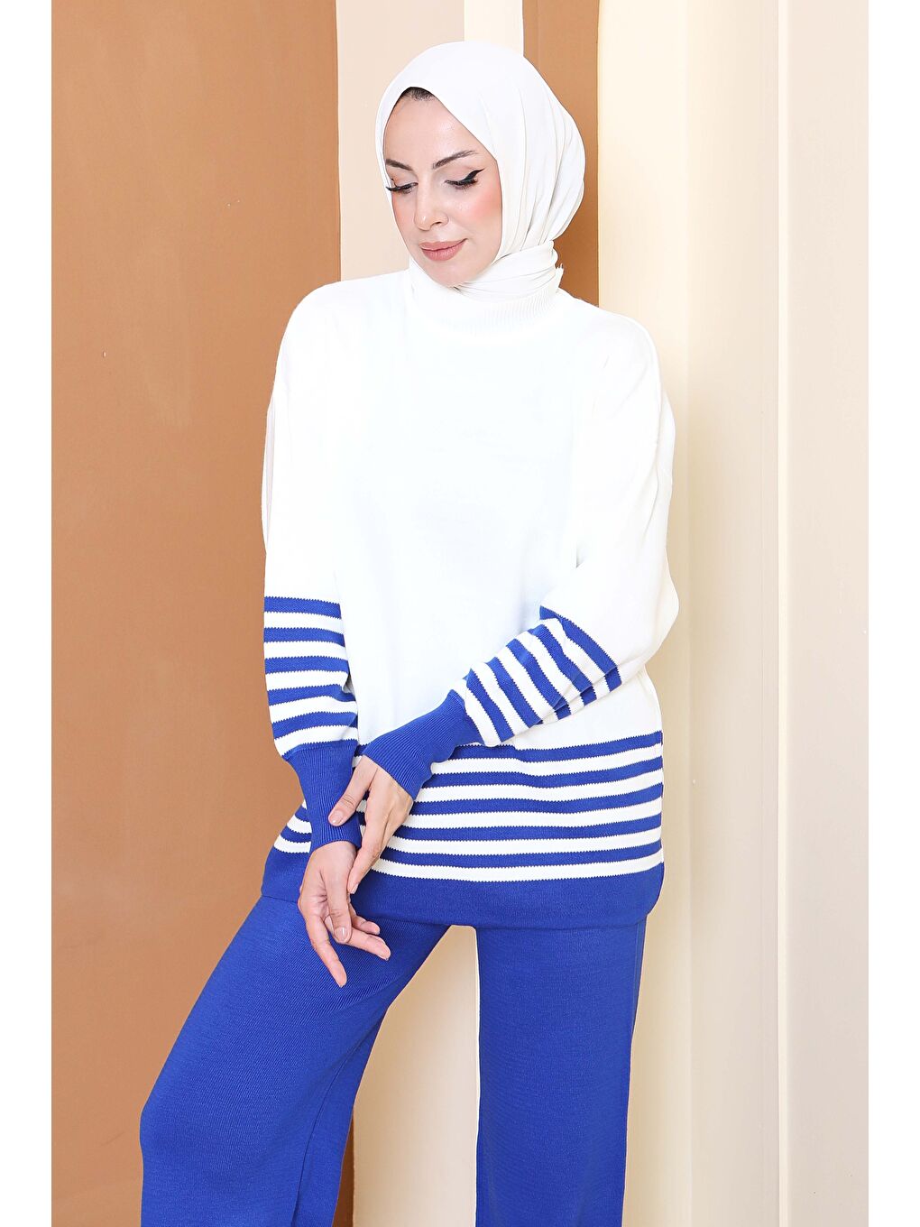 Mavi Çizgili Triko İkili Takım Saks - 27806-SAKS-4