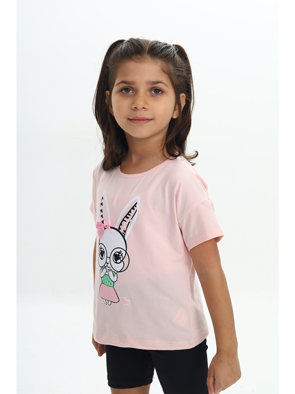 Pembe Kız Çocuk Tavşan Baskılı Tişört-1