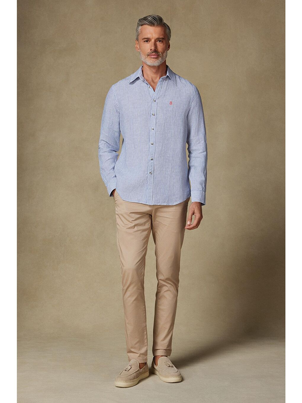 Sorento Keten Keten Comfort Fit Koyu Mavi Düğmeli Yaka Erkek Çizgili Gömlek-4