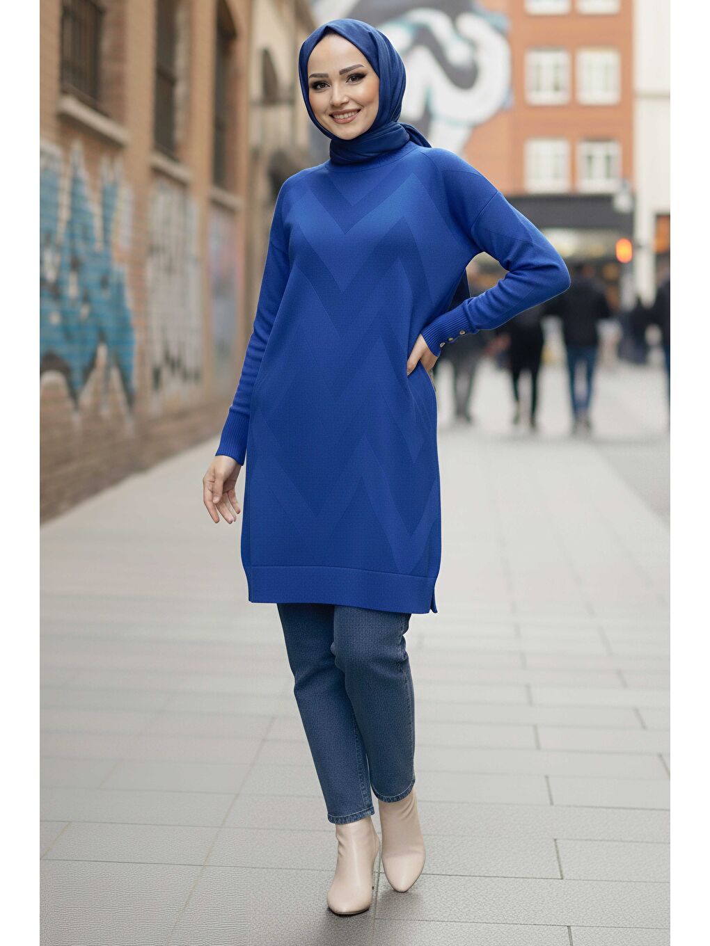 Mavi Kol Düğmeli Tiiko Tunik Saks - 28081-SAKS-1