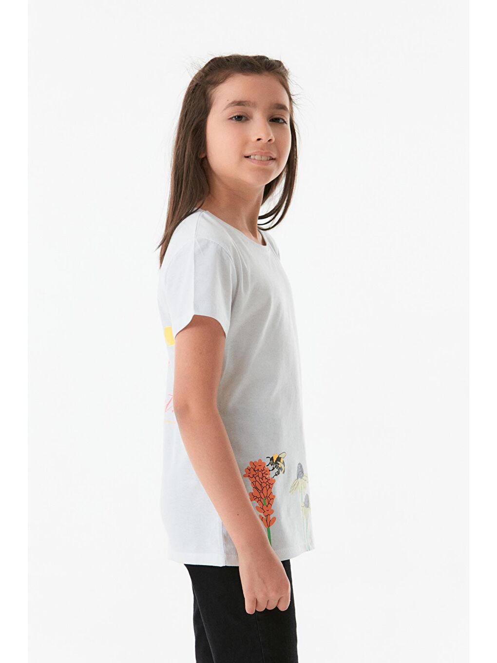 Beyaz Önü Ve Arkası Baskılı Bisiklet Yaka Kız Çocuk Tişört-1