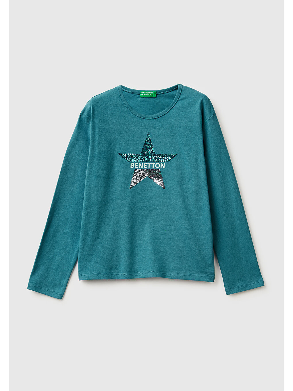 Kız Çocuk Petrol Mavisi Grafik Payet İşlemeli Regular Fit Jarse Uzun Kollu T-shirt