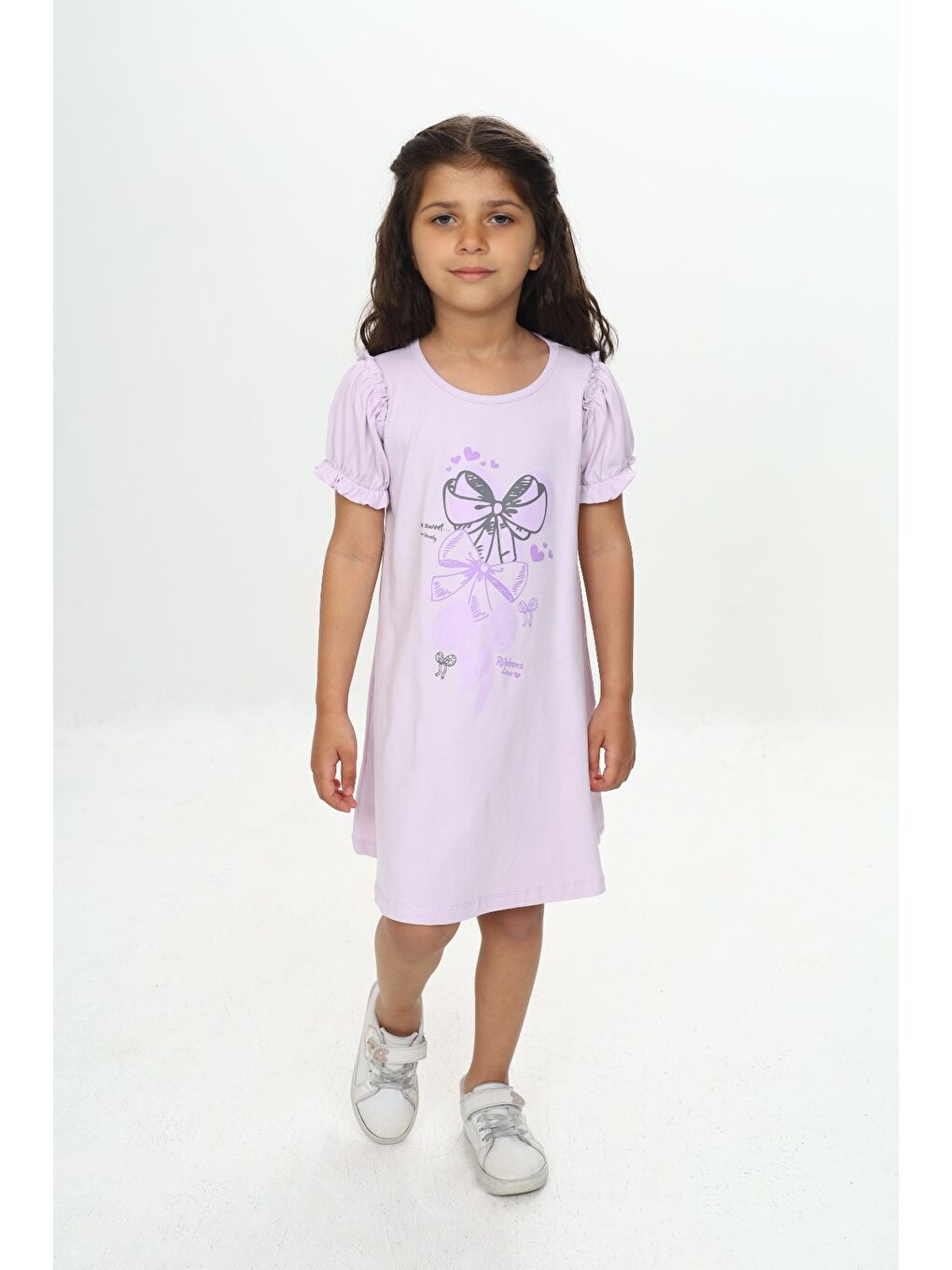Lila Kız Çocuk Fiyonk Baskılı Elbise