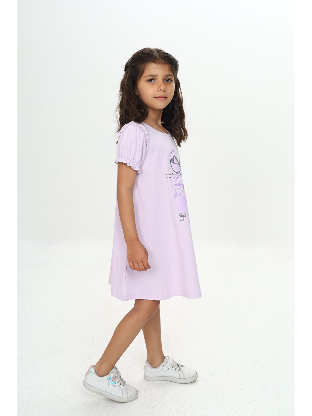 Lila Kız Çocuk Fiyonk Baskılı Elbise-1