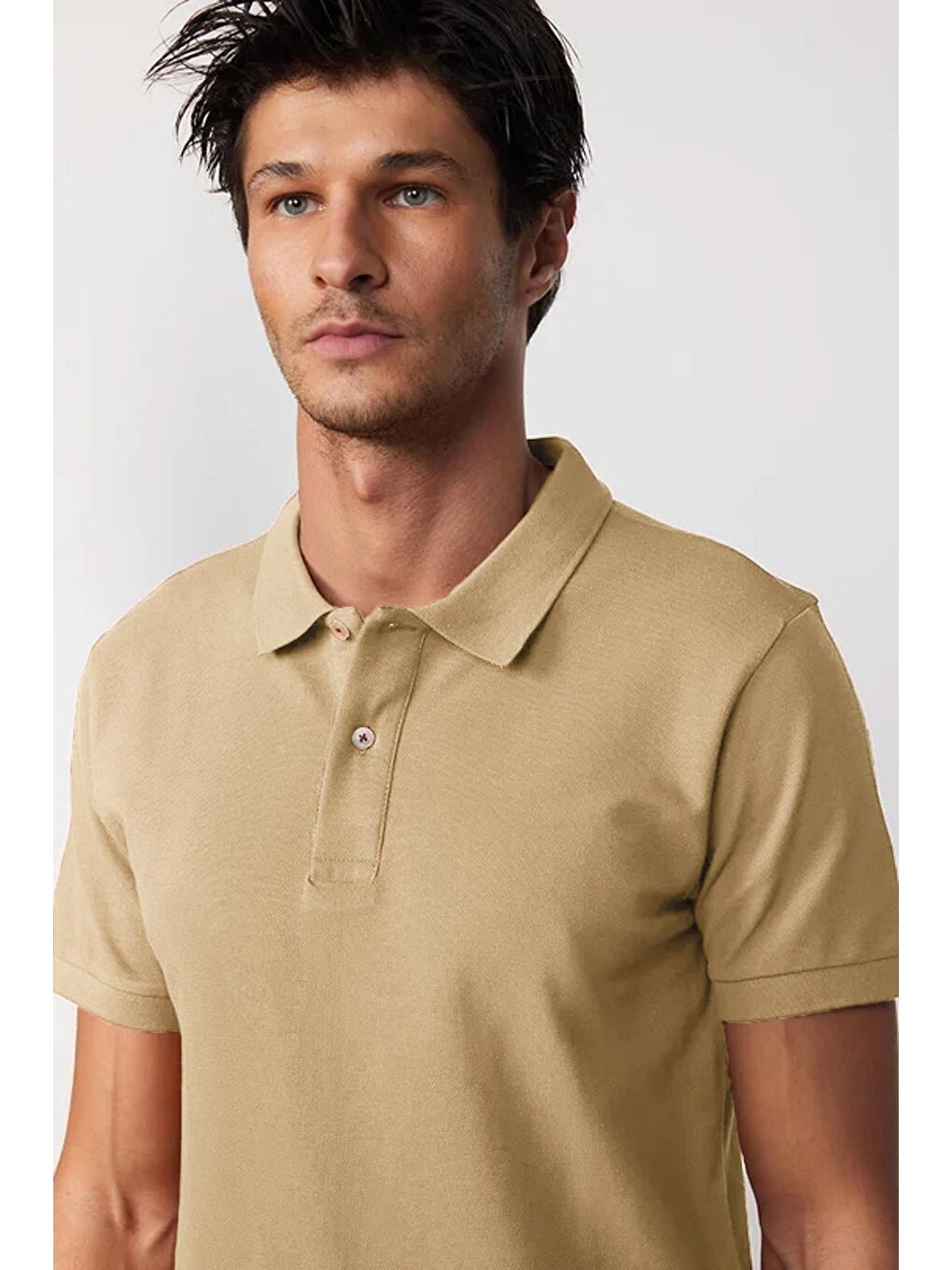 Erkek Slim Fit Dar Kesim %100 Pamuk Bej Polo Yaka Tişört-1