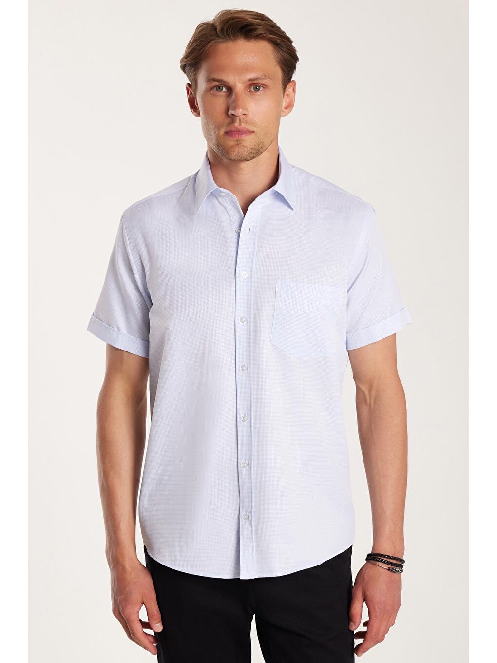 Erkek Regular Fit Klasik Kesim Kısa Kollu Pamuklu Tek Cepli Armürlü Açık Mavi Gömlek-3