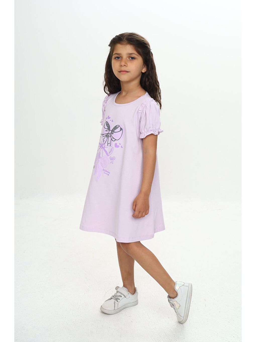 Lila Kız Çocuk Fiyonk Baskılı Elbise-3