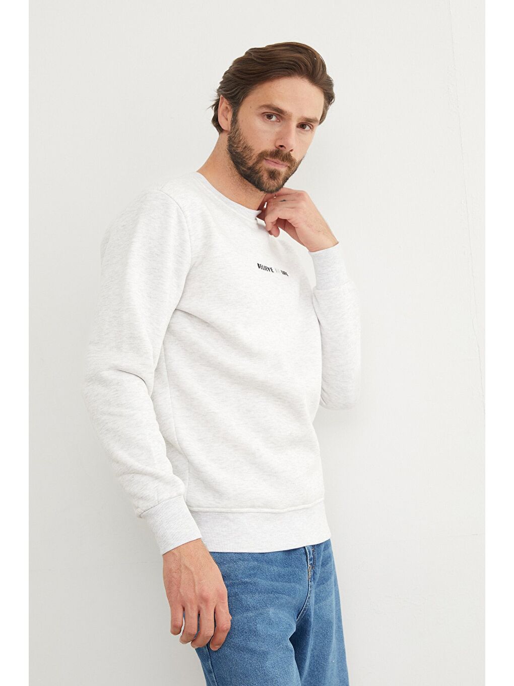 Gri 3 İplik Believe In Life Kabartma Baskılı Büyük Beden Sweatshirt-4