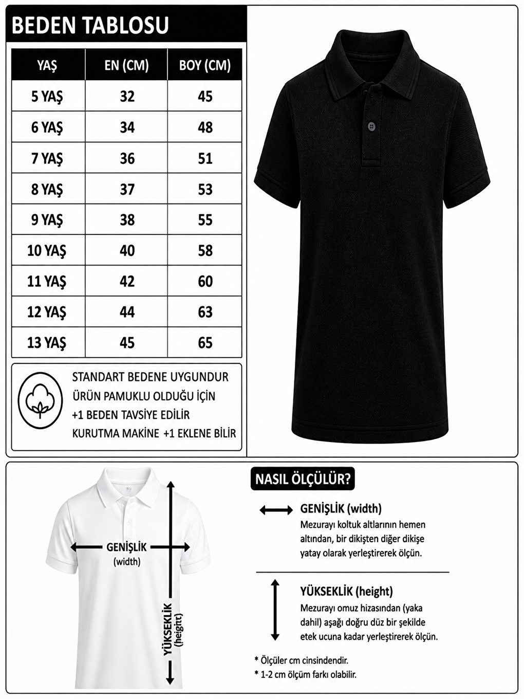 Siyah Kids Polo Yaka Basic Kısa Kollu Unisex Çocuk Tişört-1