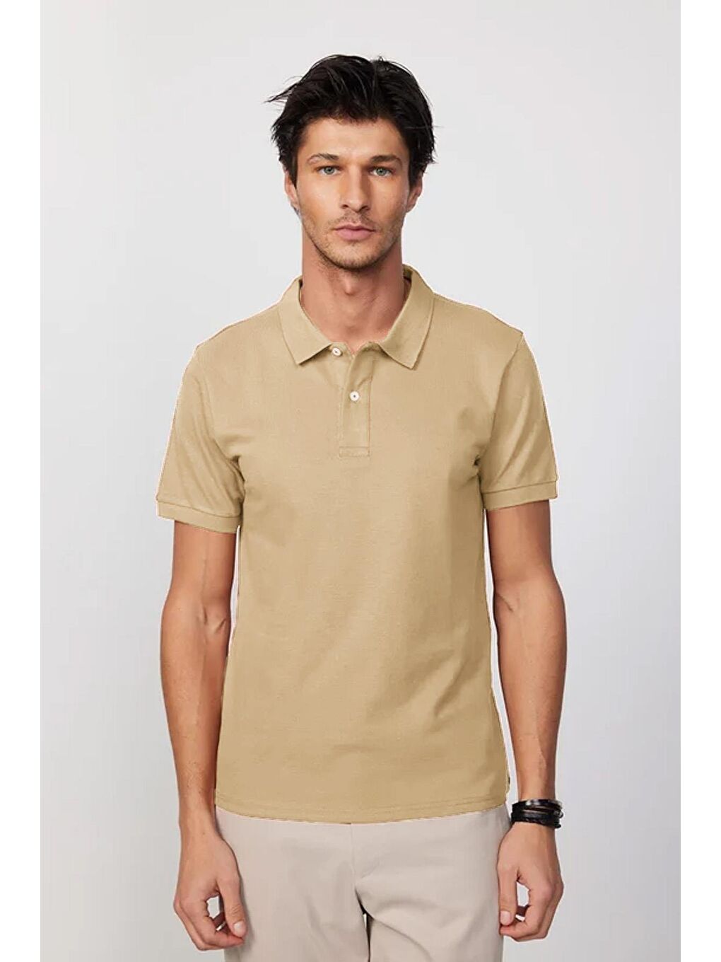 Erkek Slim Fit Dar Kesim %100 Pamuk Bej Polo Yaka Tişört-3