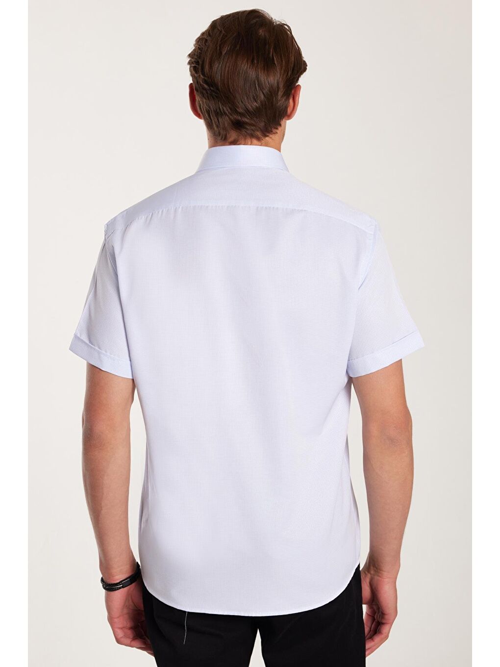 Erkek Regular Fit Klasik Kesim Kısa Kollu Pamuklu Tek Cepli Armürlü Açık Mavi Gömlek-4