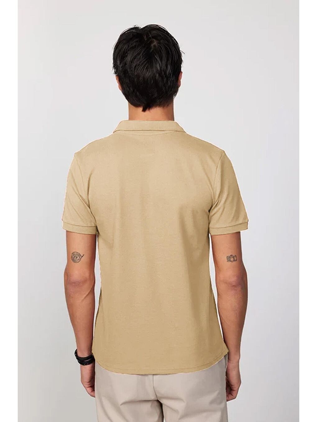 Erkek Slim Fit Dar Kesim %100 Pamuk Bej Polo Yaka Tişört-4
