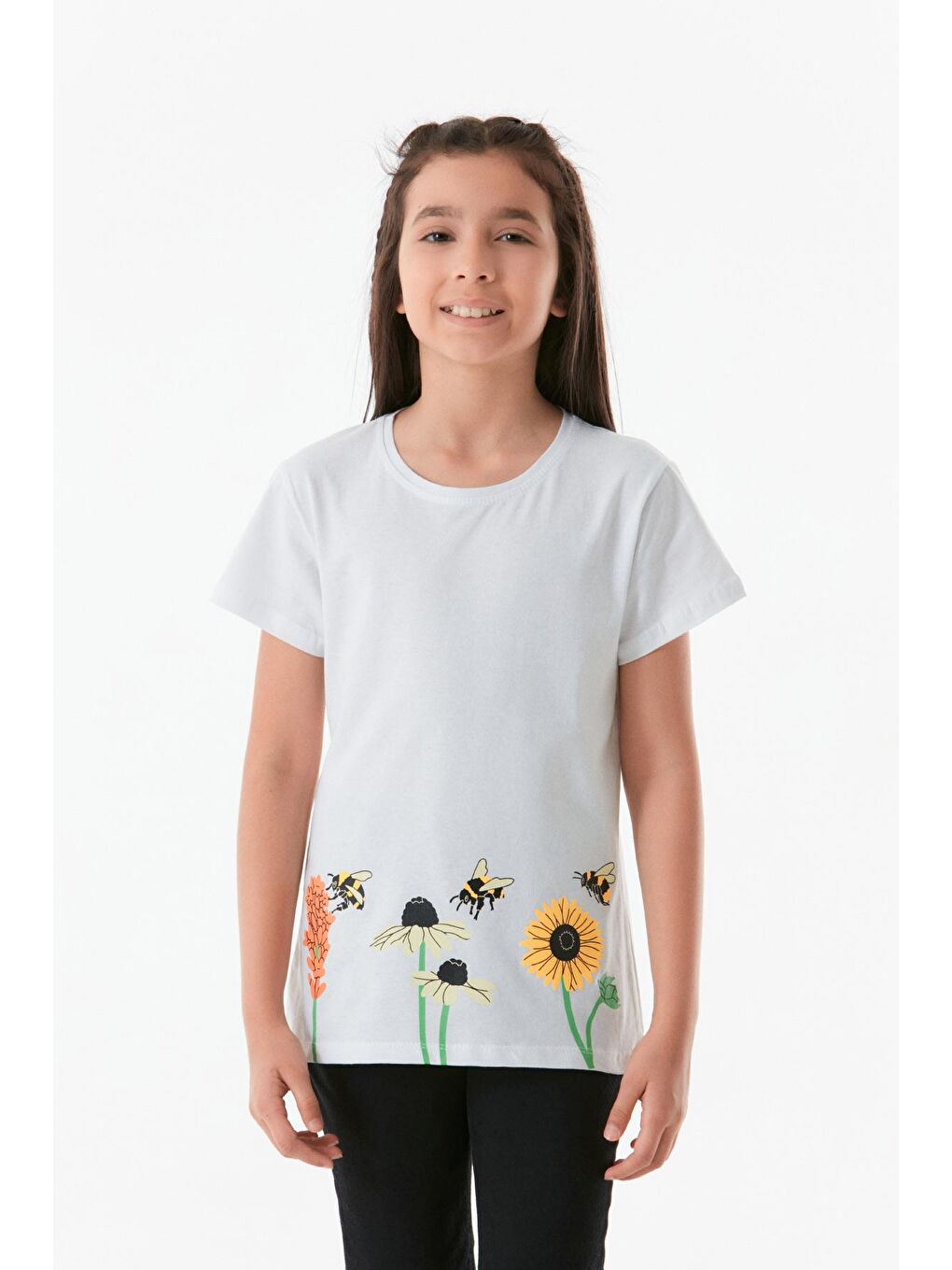 Beyaz Önü Ve Arkası Baskılı Bisiklet Yaka Kız Çocuk Tişört-3