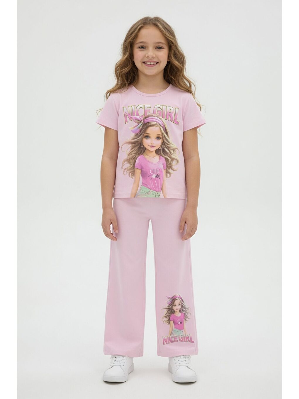 Pembe Pudra Kız Karakter Baskılı Geniş Paça Pantolonlu 2li Kız Çocuk Takım 23803