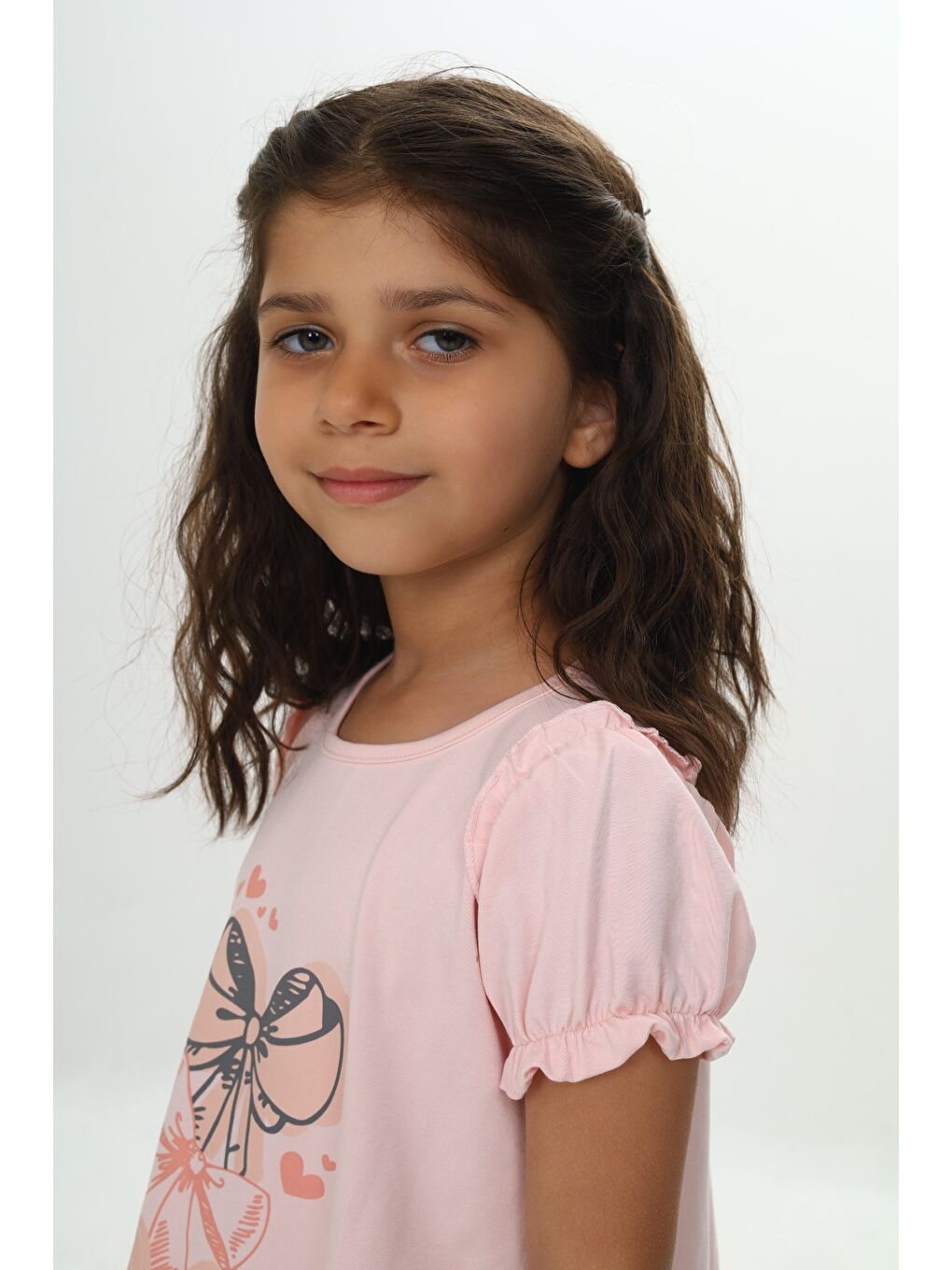 Pembe Kız Çocuk Fiyonk Baskılı Elbise-1