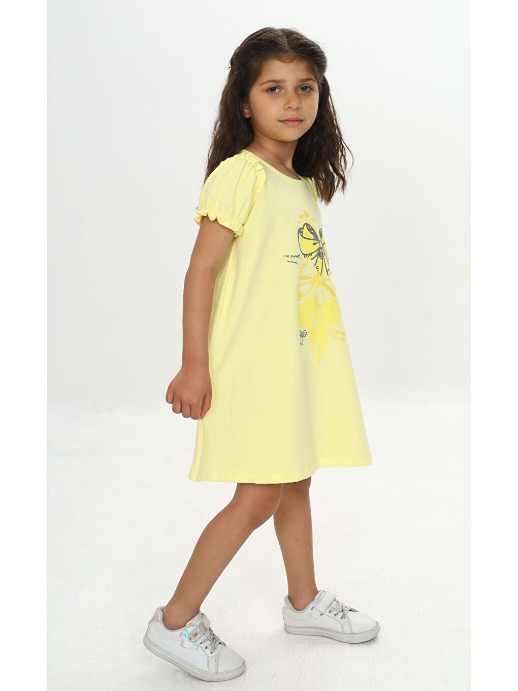 Sarı Kız Çocuk Fiyonk Baskılı Elbise-3