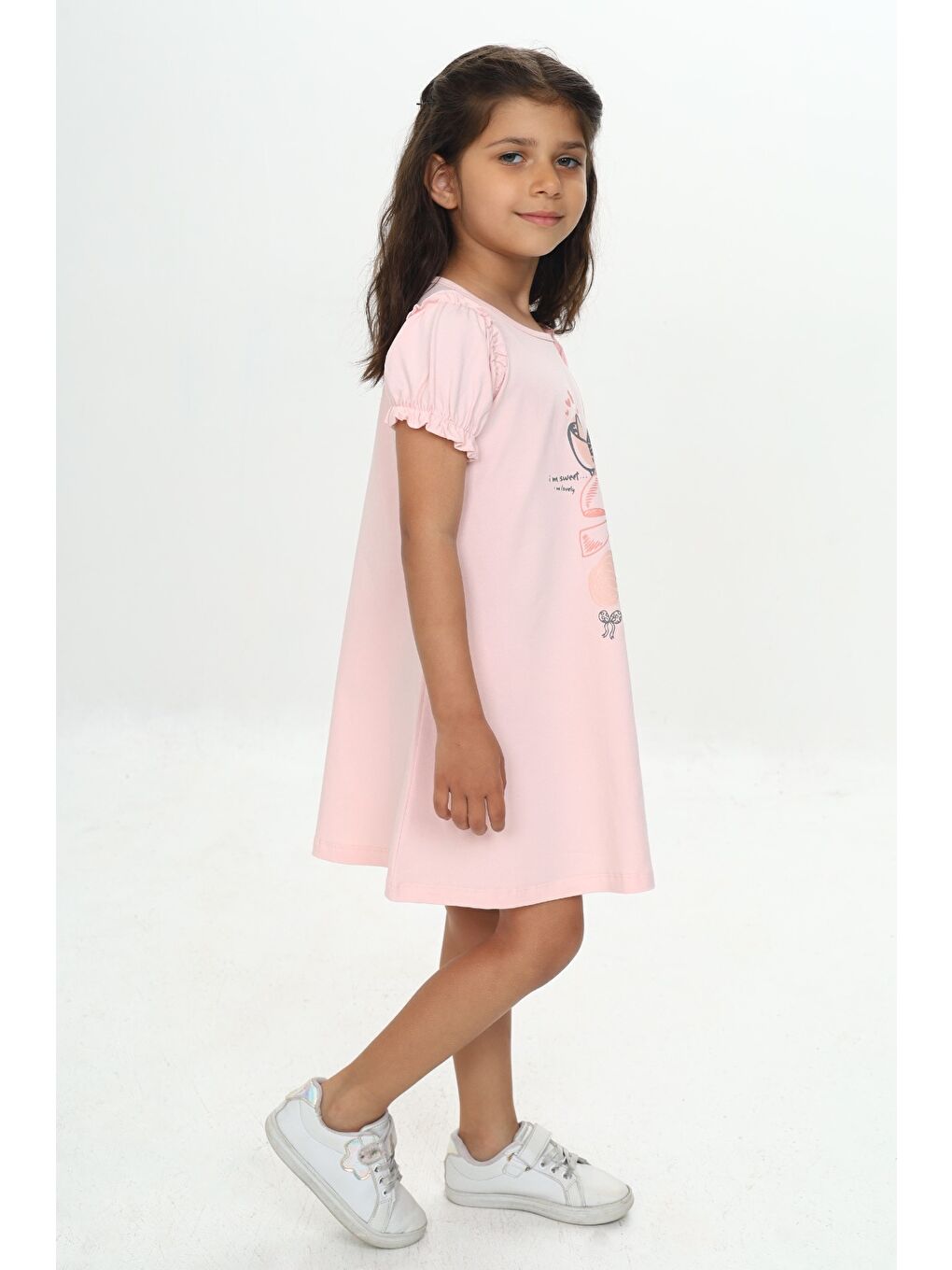 Pembe Kız Çocuk Fiyonk Baskılı Elbise-2